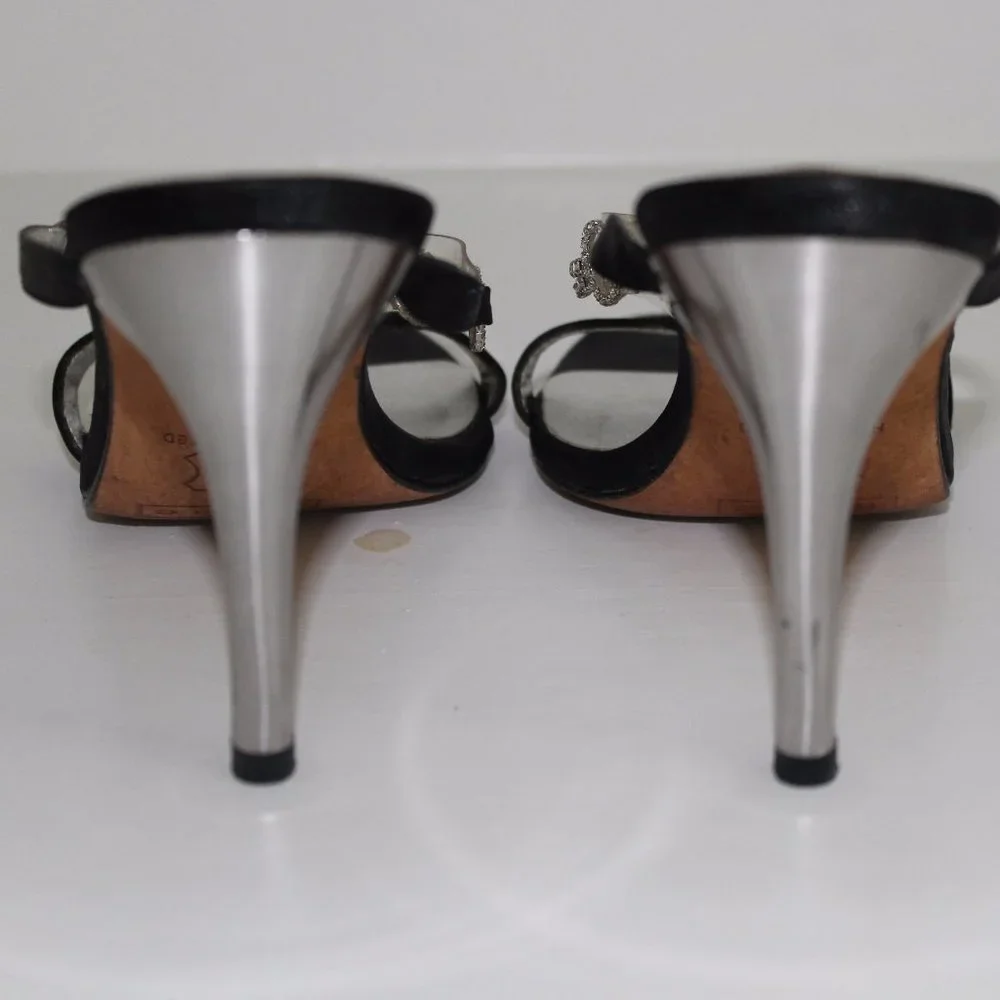 Hype Brand Silver Heels Jeweled Satin Black Pumps Womens Sling 6 M GORGEOUS